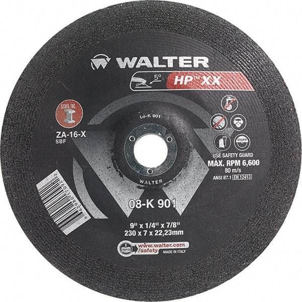 WALTER Surface Technologies - 16 Grit, 9" Wheel Diam, 1/4" Wheel Thickness, 7/8" Arbor Hole, Type 28 Depressed Center Wheel - Aluminum Oxide, Resinoid Bond, 6,600 Max RPM - Apex Tool & Supply