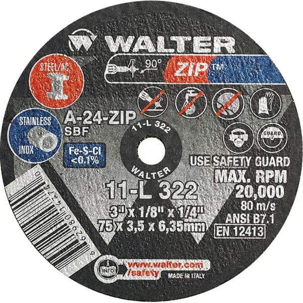 WALTER Surface Technologies - 3" 24 Grit Aluminum Oxide Cutoff Wheel - 1/8" Thick, 1/4" Arbor, 25,470 Max RPM, Use with Die Grinders - Apex Tool & Supply