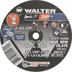 WALTER Surface Technologies - 3" 60 Grit Aluminum Oxide Cutoff Wheel - 1/32" Thick, 1/4" Arbor, 25,470 Max RPM, Use with Die Grinders - Apex Tool & Supply