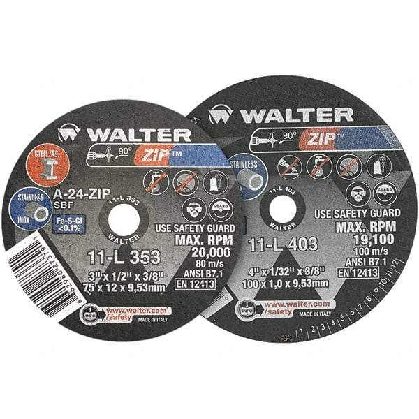 WALTER Surface Technologies - 3" 24 Grit Aluminum Oxide Cutoff Wheel - 1/8" Thick, 3/8" Arbor, 25,470 Max RPM, Use with Die Grinders - Apex Tool & Supply