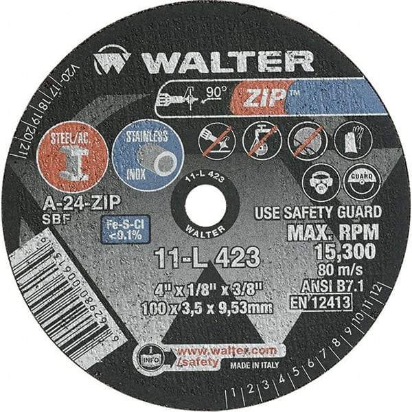WALTER Surface Technologies - 4" 24 Grit Aluminum Oxide Cutoff Wheel - 1/8" Thick, 3/8" Arbor, 19,100 Max RPM, Use with Die Grinders - Apex Tool & Supply