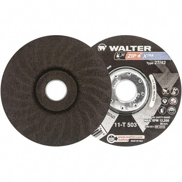 WALTER Surface Technologies - 46 Grit, 5" Wheel Diam, 1/16" Wheel Thickness, 7/8" Arbor Hole, Type 27 Depressed Center Wheel - Aluminum Oxide, Resinoid Bond, 12,200 Max RPM - Apex Tool & Supply