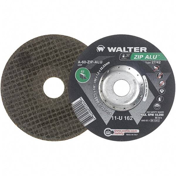 WALTER Surface Technologies - 60 Grit, 6" Wheel Diam, 3/64" Wheel Thickness, 7/8" Arbor Hole, Type 27 Depressed Center Wheel - Aluminum Oxide, Resinoid Bond, 10,200 Max RPM - Apex Tool & Supply
