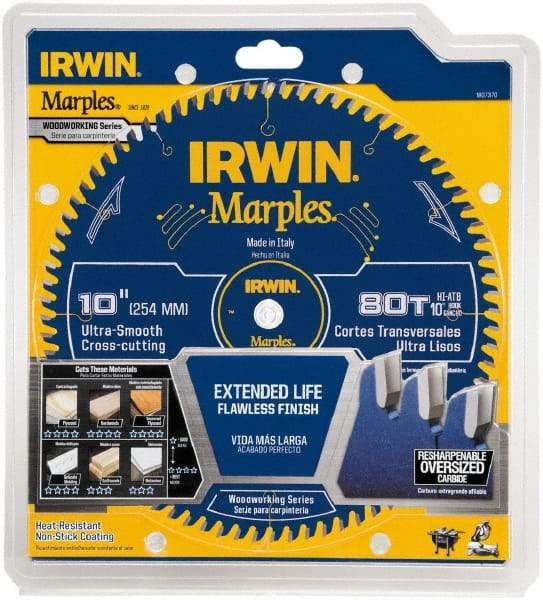 Irwin Blades - 10" Diam, 5/8" Arbor Hole Diam, 80 Tooth Wet & Dry Cut Saw Blade - Carbide-Tipped, Finishing Action, Standard Round Arbor - Apex Tool & Supply