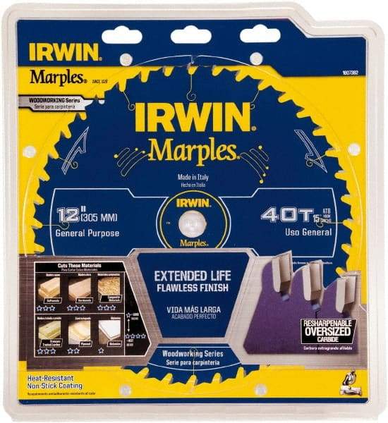 Irwin Blades - 12" Diam, 1" Arbor Hole Diam, 40 Tooth Wet & Dry Cut Saw Blade - Carbide-Tipped, Finishing Action, Standard Round Arbor - Apex Tool & Supply