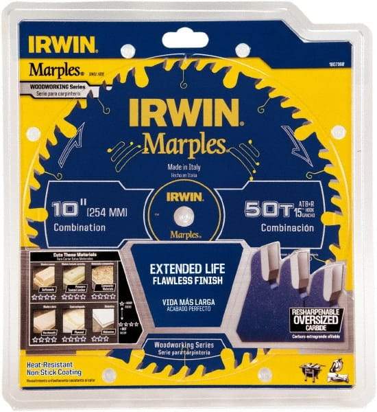 Irwin Blades - 10" Diam, 5/8" Arbor Hole Diam, 50 Tooth Wet & Dry Cut Saw Blade - Carbide-Tipped, Finishing Action, Standard Round Arbor - Apex Tool & Supply