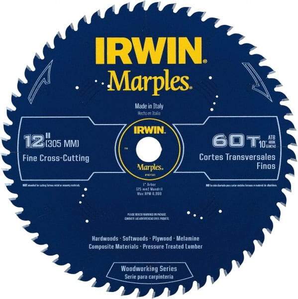 Irwin - 12" Diam, 1" Arbor Hole Diam, 60 Tooth Wet & Dry Cut Saw Blade - Carbide-Tipped, Finishing Action, Standard Round Arbor - Apex Tool & Supply