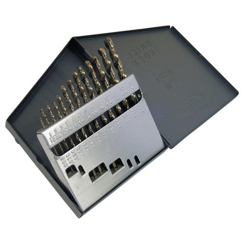 ‎1/16-1/4 RHS / RHC HSS-CO 8% (M42) 135 Degree Split Point Heavy Duty Cobalt Jobber Length Drill Set - Straw / Gold Oxide - Exact Industrial Supply