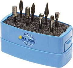 M.A. Ford - 8 Piece, 3mm Shank Burr Set - Solid Carbide, Multiple Head Shapes, 3° Included Angle - Apex Tool & Supply
