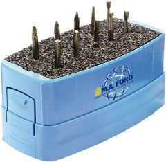 M.A. Ford - 10 Piece, 3mm Shank Burr Set - Solid Carbide, Multiple Head Shapes, 3° Included Angle - Apex Tool & Supply