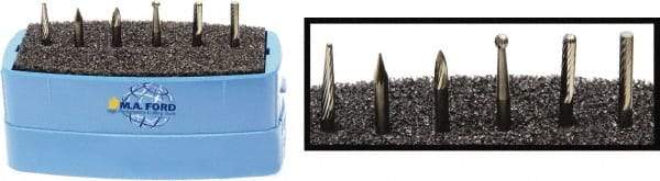 M.A. Ford - 6 Piece, 3mm Shank Burr Set - Solid Carbide, Multiple Head Shapes, 3° Included Angle - Apex Tool & Supply