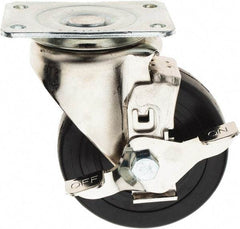 E.R. Wagner - 4" Diam x 1-1/4" Wide x 5-1/8" OAH Top Plate Mount Swivel Caster with Brake - Soft Rubber, 165 Lb Capacity, Delrin Bearing, 2-3/4 x 3-3/4" Plate - Apex Tool & Supply
