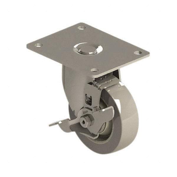 E.R. Wagner - 4" Diam x 1-1/4" Wide x 5-1/8" OAH Top Plate Mount Swivel Caster with Brake - TPR, 275 Lb Capacity, Precision Ball Bearing, 4 x 5" Plate - Apex Tool & Supply