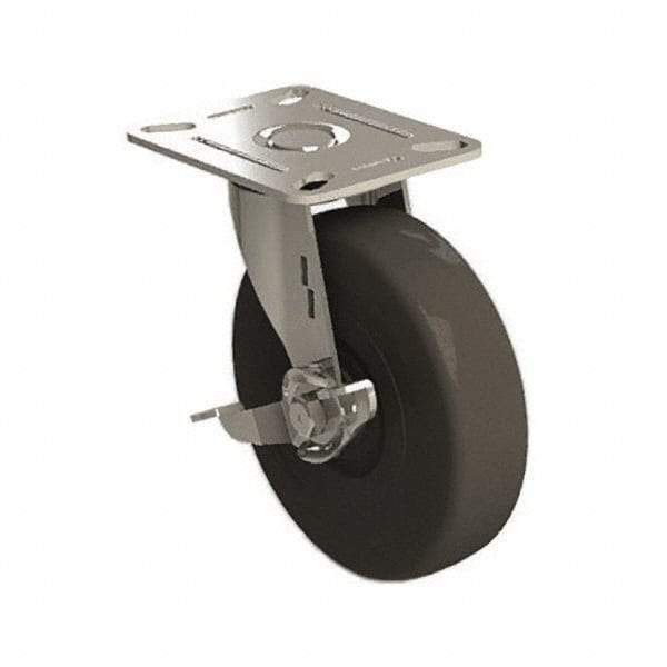 E.R. Wagner - 5" Diam x 1-1/4" Wide x 5-5/8" OAH Top Plate Mount Swivel Caster with Brake - Soft Rubber, 190 Lb Capacity, 3-1/8 x 4-1/8" Plate - Apex Tool & Supply