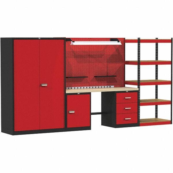 Hallowell - 132 Wide x 24" Deep x 78" High, Wood Workbench - Flat Top, Black/Red - Apex Tool & Supply