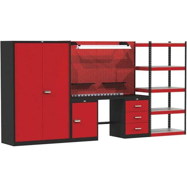 Hallowell - 132 Wide x 24" Deep x 78" High, Steel Workbench - Flat Top, Black/Red - Apex Tool & Supply