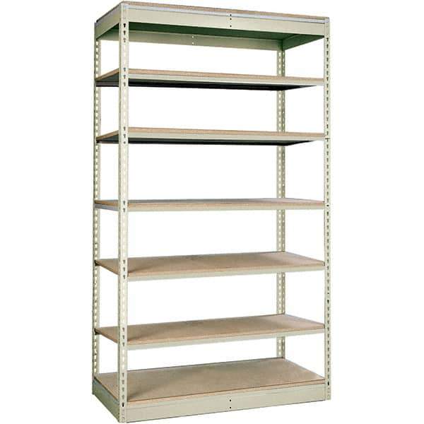 Hallowell - 7 Shelf Starter Particle Board Open Steel Shelving - 350 Lb Capacity, 36" Wide x 84" High x 12" Deep, Tan - Apex Tool & Supply