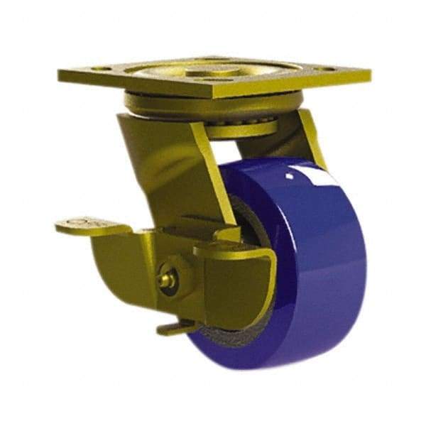 E.R. Wagner - 4" Diam x 2" Wide x 5-5/8" OAH Top Plate Mount Swivel Caster with Brake - Mold on Polyurethane, 750 Lb Capacity, Roller Bearing, 4 x 4-1/2" Plate - Apex Tool & Supply