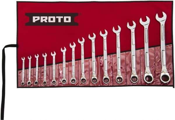 Proto - 14 Piece, 6mm to 19mm, Ratcheting Combination Wrench Set - Metric Measurement Standard, Full Polish Finish, Comes in Pouch - Apex Tool & Supply