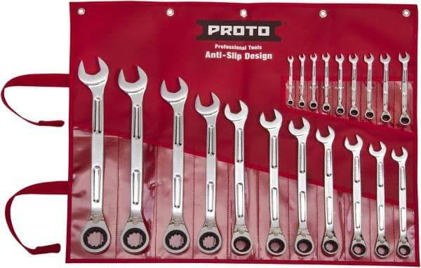 Proto - 20 Piece, 6mm to 32mm, Ratcheting Combination Wrench Set - Metric Measurement Standard, Full Polish Finish, Comes in Pouch - Apex Tool & Supply
