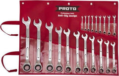 Proto - 20 Piece, 6mm to 32mm, Ratcheting Combination Wrench Set - Metric Measurement Standard, Full Polish Finish, Comes in Pouch - Apex Tool & Supply