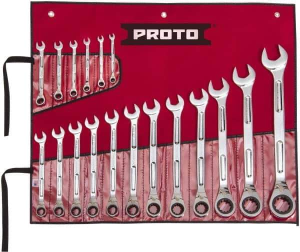 Proto - 18 Piece, 1/4" to 1-1/4", Ratcheting Combination Wrench Set - Inch Measurement Standard, Full Polish Finish, Comes in Pouch - Apex Tool & Supply