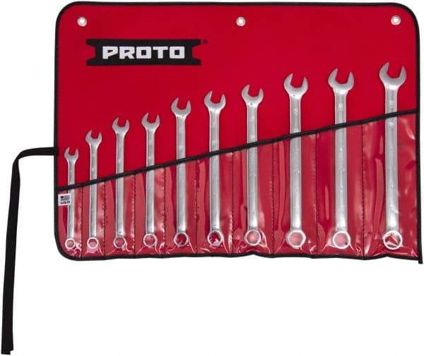 Proto - 10 Piece, 10mm to 19mm, 6 Point Combination Wrench Set - Metric Measurement Standard, Full Polish Finish, Comes in Tool Roll - Apex Tool & Supply