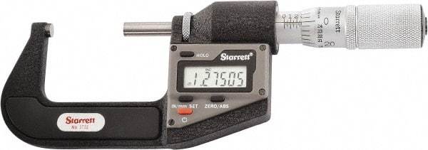 Starrett - 25.4 to 50.8 mm Range, 0.0001" Resolution, Standard Throat, Electronic Outside Micrometer - 0.0001" Accuracy, Friction Thimble, Micro Lapped Carbide Face, CR2450 Battery, Includes 3V Battery - Apex Tool & Supply