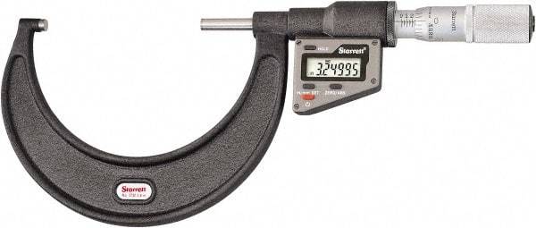 Starrett - 76 to 101 mm Range, 0.0001" Resolution, Standard Throat, Electronic Outside Micrometer - 0.0002" Accuracy, Friction Thimble, Micro Lapped Carbide Face, CR2450 Battery, Includes 3V Battery - Apex Tool & Supply