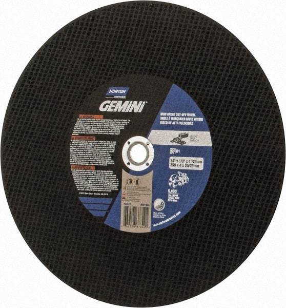 Norton - 14" Aluminum Oxide Cutoff Wheel - 1/8" Thick, 1" Arbor, Use with Die Grinders - Apex Tool & Supply