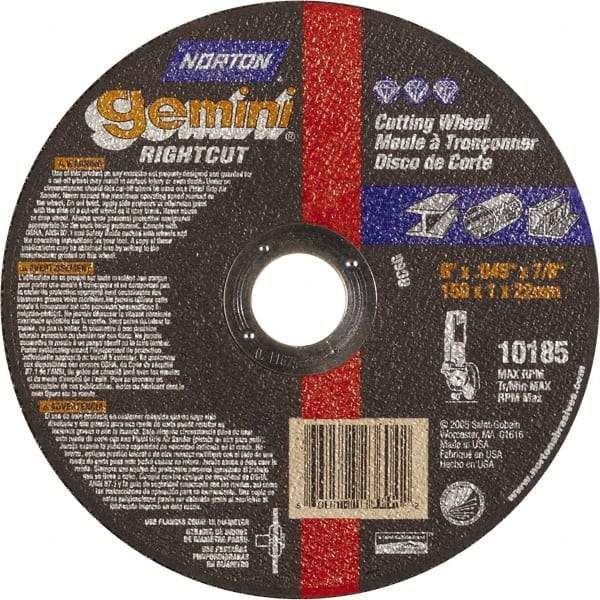 Norton - 6" Aluminum Oxide Cutoff Wheel - 0.045" Thick, 7/8" Arbor, Use with Die Grinders - Apex Tool & Supply