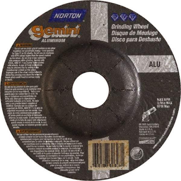 Norton - 24 Grit, 5" Wheel Diam, 1/4" Wheel Thickness, 7/8" Arbor Hole, Type 27 Depressed Center Wheel - Aluminum Oxide - Apex Tool & Supply