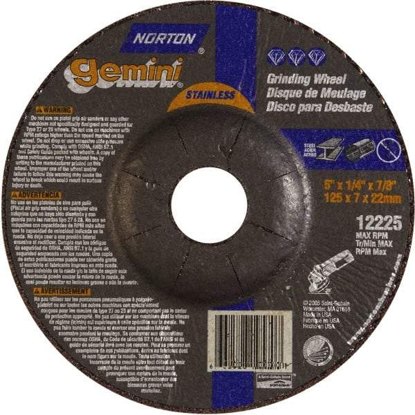Norton - 24 Grit, 5" Wheel Diam, 1/4" Wheel Thickness, 7/8" Arbor Hole, Type 27 Depressed Center Wheel - Aluminum Oxide - Apex Tool & Supply