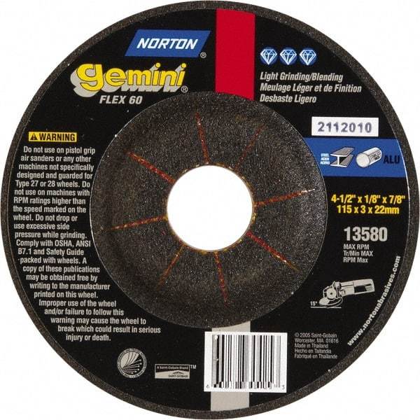 Norton - 60 Grit, 4-1/2" Wheel Diam, 1/8" Wheel Thickness, 7/8" Arbor Hole, Type 27 Depressed Center Wheel - Aluminum Oxide, 12,000 Max RPM - Apex Tool & Supply