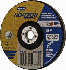Norton - 24 Grit, 3" Wheel Diam, 1/4" Wheel Thickness, 3/8" Arbor Hole, Type 27 Depressed Center Wheel - Ceramic, 18,000 Max RPM - Apex Tool & Supply
