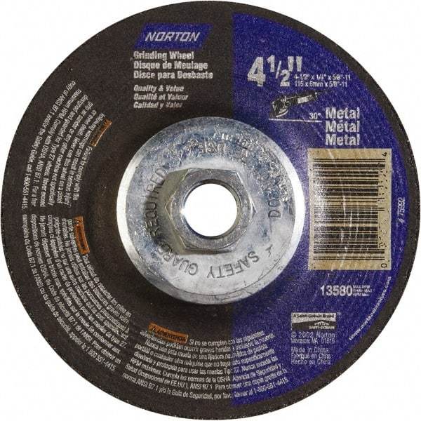 Norton - 24 Grit, 4-1/2" Wheel Diam, 1/4" Wheel Thickness, Type 27 Depressed Center Wheel - Aluminum Oxide - Apex Tool & Supply
