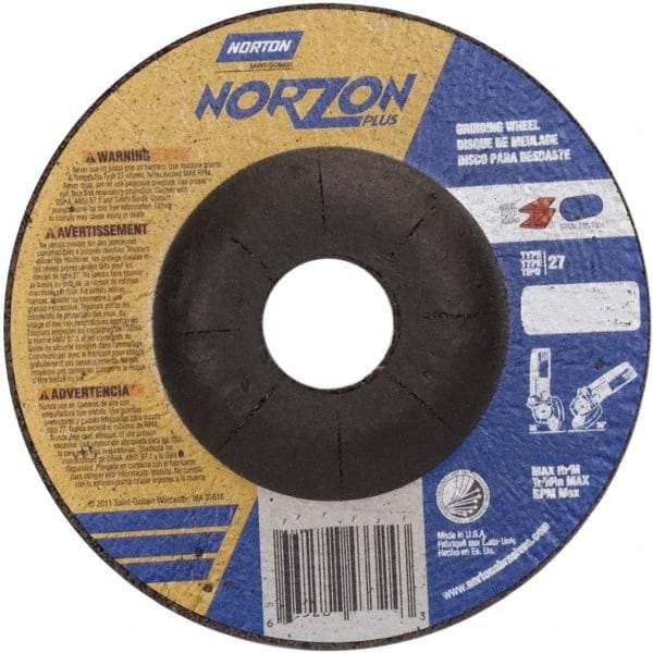 Norton - 24 Grit, 5" Wheel Diam, 1/8" Wheel Thickness, 7/8" Arbor Hole, Type 27 Depressed Center Wheel - Ceramic, 12,225 Max RPM - Apex Tool & Supply