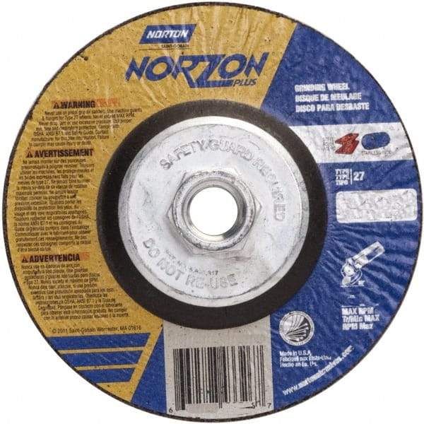 Norton - 24 Grit, 5" Wheel Diam, 1/4" Wheel Thickness, Type 27 Depressed Center Wheel - Ceramic, 12,225 Max RPM - Apex Tool & Supply