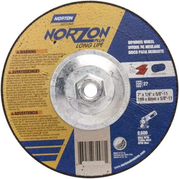 Norton - 24 Grit, 5" Wheel Diam, 1/4" Wheel Thickness, Type 27 Depressed Center Wheel - Ceramic - Apex Tool & Supply