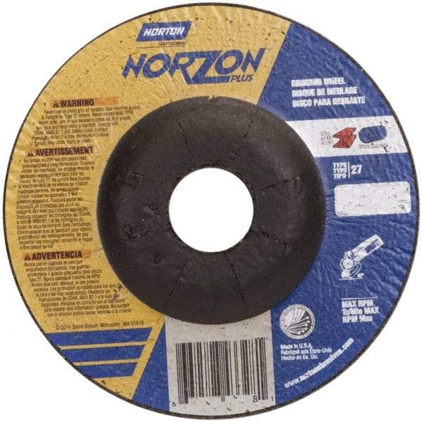 Norton - 24 Grit, 5" Wheel Diam, 1/4" Wheel Thickness, 7/8" Arbor Hole, Type 27 Depressed Center Wheel - Ceramic, 12,225 Max RPM - Apex Tool & Supply
