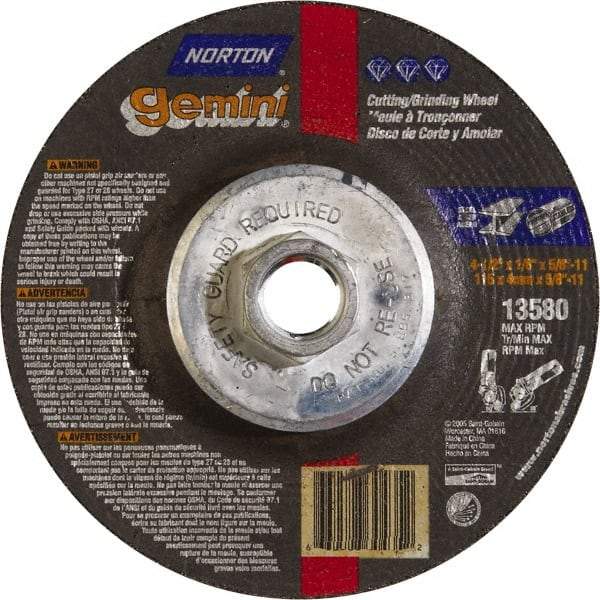 Norton - 24 Grit, 4-1/2" Wheel Diam, 1/8" Wheel Thickness, Type 27 Depressed Center Wheel - Aluminum Oxide, 13,580 Max RPM - Apex Tool & Supply