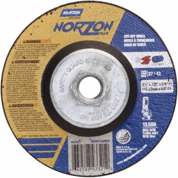 Norton - 36 Grit, 4-1/2" Wheel Diam, 1/8" Wheel Thickness, Type 27 Depressed Center Wheel - Ceramic - Apex Tool & Supply