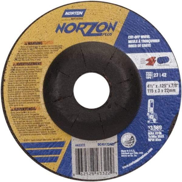 Norton - 36 Grit, 4-1/2" Wheel Diam, 1/8" Wheel Thickness, 7/8" Arbor Hole, Type 27 Depressed Center Wheel - Ceramic, 13,580 Max RPM - Apex Tool & Supply