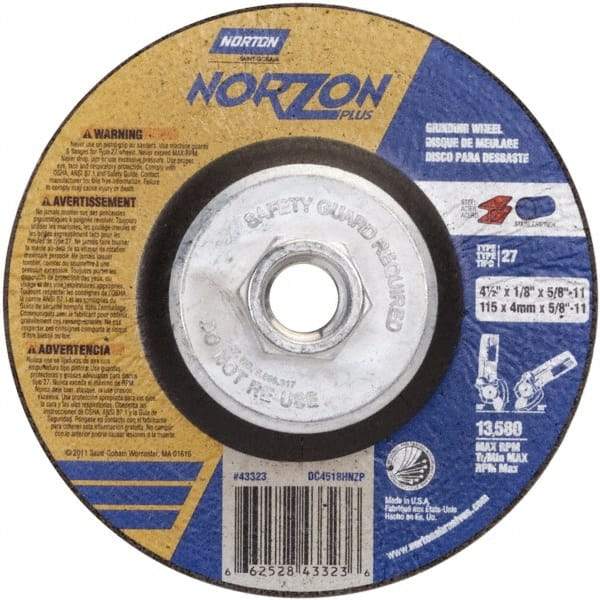 Norton - 24 Grit, 4-1/2" Wheel Diam, 1/8" Wheel Thickness, Type 27 Depressed Center Wheel - Ceramic, 13,580 Max RPM - Apex Tool & Supply