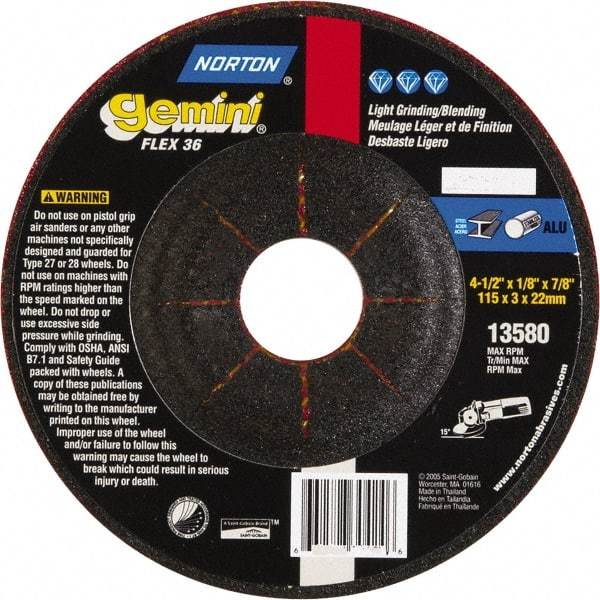 Norton - 36 Grit, 4-1/2" Wheel Diam, 1/8" Wheel Thickness, 7/8" Arbor Hole, Type 29 Depressed Center Wheel - Aluminum Oxide - Apex Tool & Supply