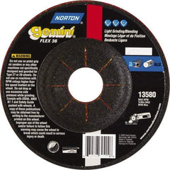 Norton - 36 Grit, 5" Wheel Diam, 1/8" Wheel Thickness, 7/8" Arbor Hole, Type 29 Depressed Center Wheel - Aluminum Oxide - Apex Tool & Supply