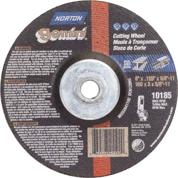 Norton - 36 Grit, 6" Wheel Diam, 1/8" Wheel Thickness, Type 27 Depressed Center Wheel - Aluminum Oxide - Apex Tool & Supply