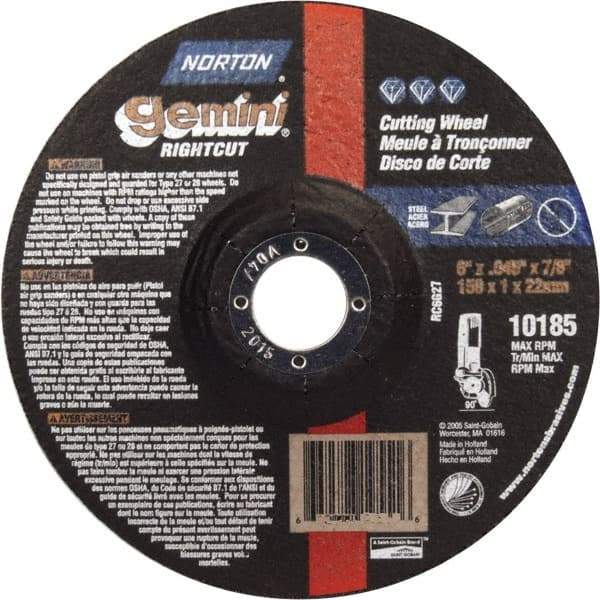 Norton - 46 Grit, 6" Wheel Diam, 7/8" Arbor Hole, Type 27 Depressed Center Wheel - Aluminum Oxide - Apex Tool & Supply