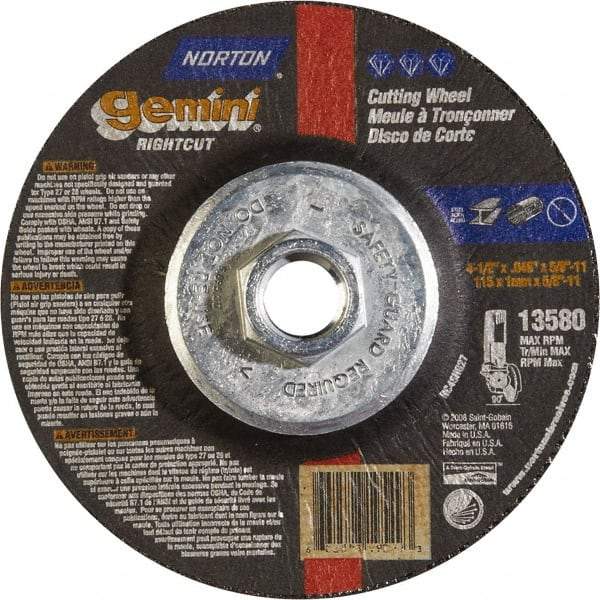 Norton - 46 Grit, 4-1/2" Wheel Diam, Type 27 Depressed Center Wheel - Aluminum Oxide - Apex Tool & Supply