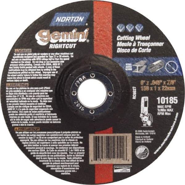 Norton - 46 Grit, 6" Wheel Diam, 7/8" Arbor Hole, Type 27 Depressed Center Wheel - Aluminum Oxide - Apex Tool & Supply